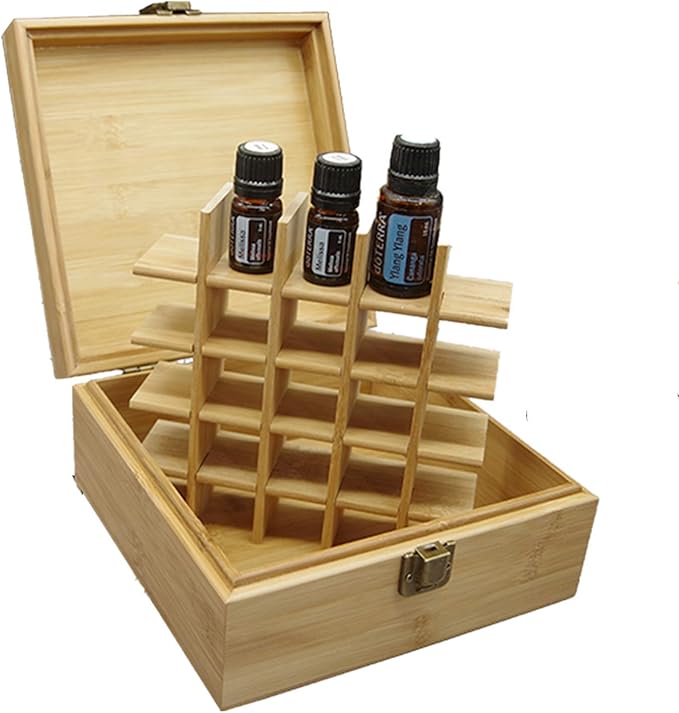 Pure Vie Bamboo Essential Oil Storage Box Travel Organizer Case with Bottle Cap Label - Aromatherapy Nail Polish Fragrance Container, Holds 25 Bottle for 5-15ml - Keep Scented Oil Safe & Space Saver