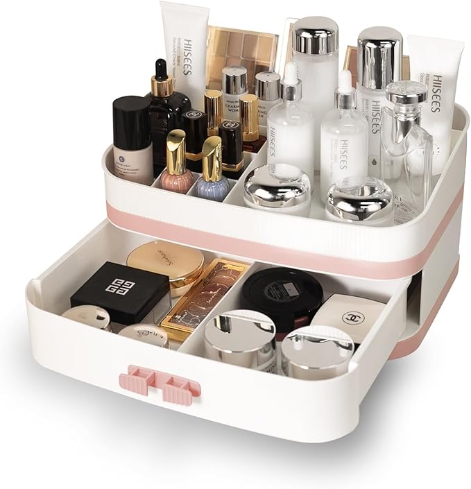 INVSSENE Large Makeup Organizer Countertop, Stackable Vanity Organizer with Drawer Cosmetic Organizer Tray, Make Up Organizers for Vanity, Makeup Storage Counter(Light Pink)