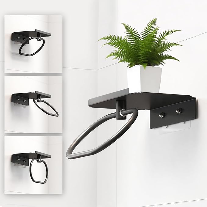 Towel Holder with Shelf, Carbon Steel Heavy Duty Wall Mounted Towel Rack Maijdoany for Bathroom Kitchen, Matte Black Hidden Hand Towel Hanger Ring with Storage Shelf