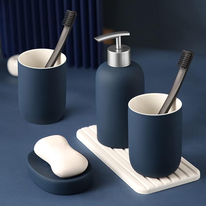 Hoomtaook Bathroom-Accessory Sets, 4 Pieces Ceramic, Including Soap Dispenser Pump, Tumbler, Soap Dish(Blue)