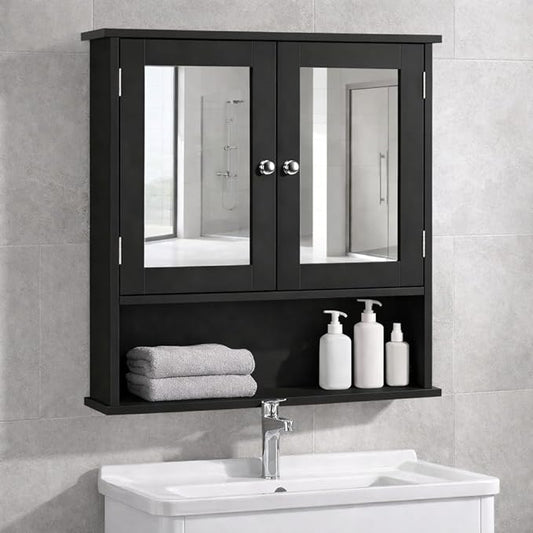 Panana Wall Mounted Bathroom Cabinet Wall Cabinet with 2 Mirrored Doors and Open Compartment, Inner Adjustable Shelf, 22" x 5.1" x 22.8" (Black)