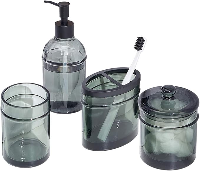 4-Piece Bathroom Accessories Set, Dark Smoke Gray Plastic Dispenser Set with Soap Pump, Toothbrush Holder, Cotton Swab Jar, and Tumbler for Modern Vanity Countertop Decor