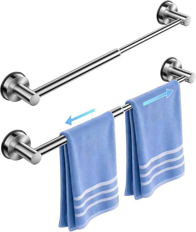 Adjustable Suction Cup Towel Bar for Bathroom Wall,14.6Inch~24 Inch Towel Racks for Bathroom, SUS304 Stainless Steel Bathroom Towel Holder,Bathroom Accessories Brushed Nickel Towel Rack (2pcs Silver)