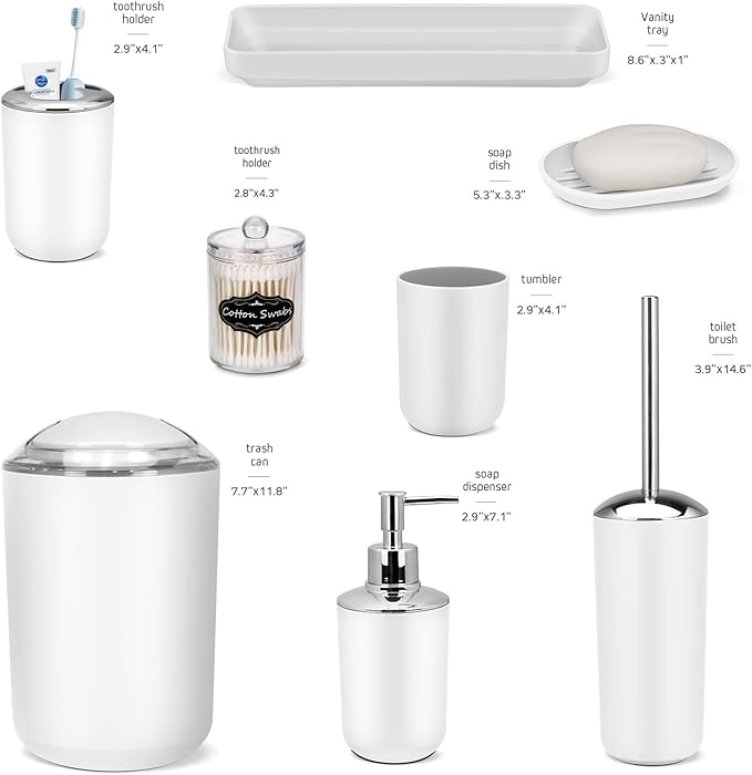 IMAVO Bathroom Accessories Set,White Bathroom Set,9 Pieces Bathroom Accessory Set,Tray,Qtip Holders,Toilet Brush,Trash Can for Bathroom Décor and Home Gifts