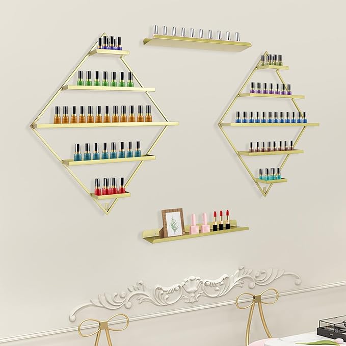 4PCS Nail Polish Storage Racks, 5-Tier Wall-Mounted Metal Cosmetic Display Case Makeup Organizer Wall Shelf for Home Spa Nail Salon Perfume Lipstick (Gold)