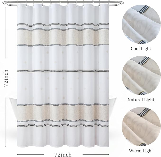 Fabric Shower Curtain, Waterproof for Bathroom with White Cream Black Print, 72” W x 72” H