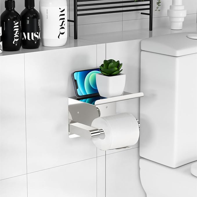 GLNLQ Chrome Toilet Paper Holder Wall Mount, Fits Mega Rolls Size Sliver Toilet Paper Holder with Shelf, Rustproof Stainless Steel Toilet Roll Holder, Self Adhesive Toilet Paper Holders Chrome