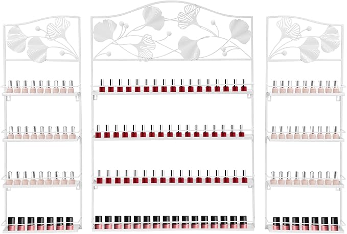 3PCS Metal Nail Polish Racks, Nail Polish Wall Organizer 4 Tiers Leafage Shape Display Rack Wall Mounted Display Case for Home Spa Nail Salon Shop- White