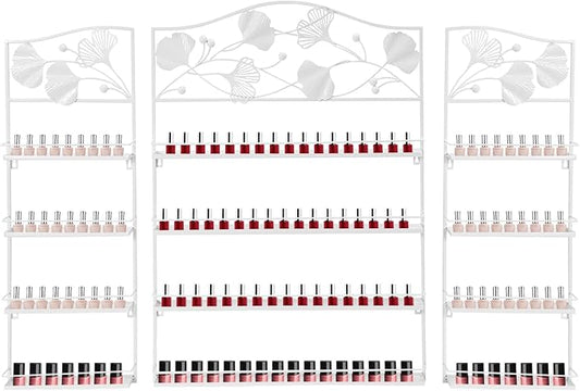 3PCS Metal Nail Polish Racks, Nail Polish Wall Organizer 4 Tiers Leafage Shape Display Rack Wall Mounted Display Case for Home Spa Nail Salon Shop- White