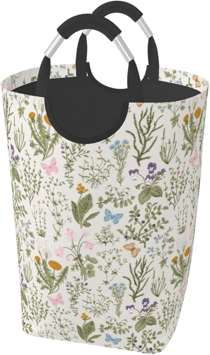 Floral Laundry Basket Vintage Botanical Laundry Hamper Plants Herbs Collapsible Baskets with Handle Dirty Clothes Hamper Bag for Dorm Family Bathroom Decor Storage 50L