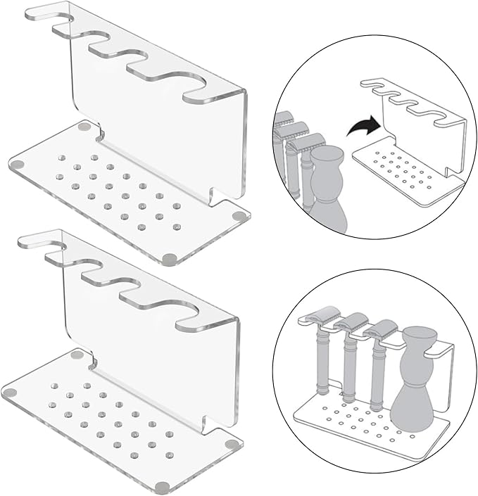Twin Modern Acrylic Cutlery Racks | Clear Bathroom Shelf with Anti-Slip Base | Countertop Storage for Shaving Tools Clear Shaving Cutlery Display Shelf
