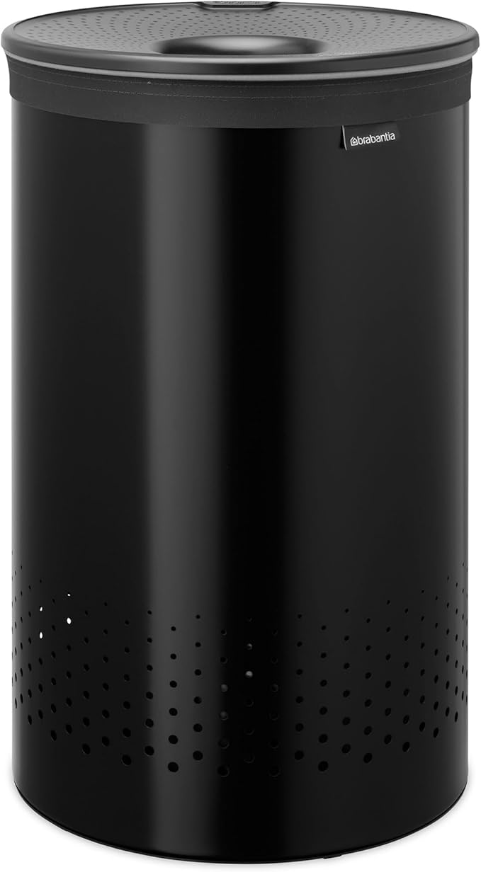 Brabantia Laundry Basket with Lid | 16 Gal Washing Hamper with Removable Cotton Bag & Quick-Drop Opening | Space-Saving Laundry Hamper | Matt Black
