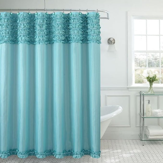BH Home & Linen Beverly Hills Ruffle Premium Quality Fabric Shower Curtain 70" x 72 Made with 100% Polyester. (Aqua)