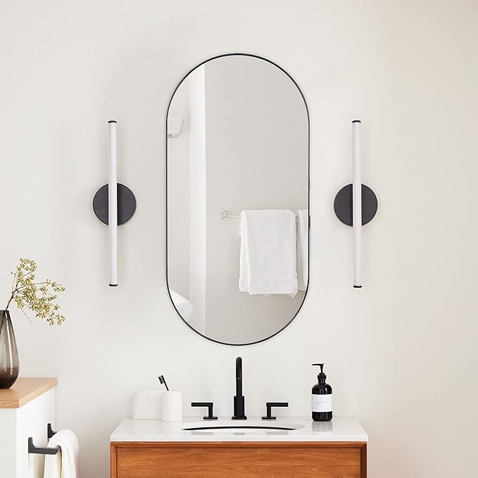 Matte Black Oval Recessed Bathroom Medicine Cabinet with Mirror Stainless Steel Metal Framed Oblong Pill Shaped Bathroom Cabinet with Mirror 16x33''