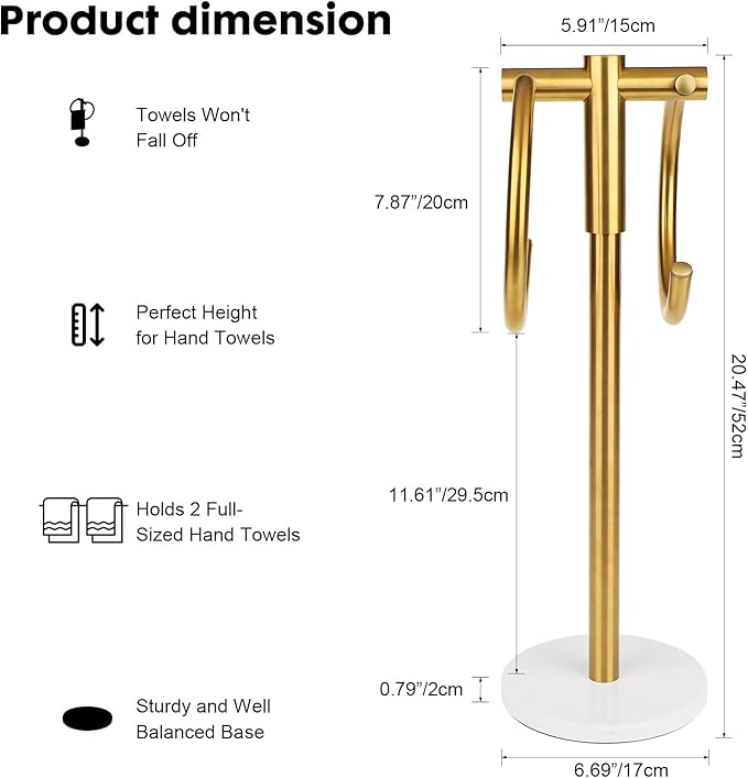19 inch Brushed Gold Double Towel Holder Stand, Hand Towel Bar Bathroom Vanity Countertop Towel Holder Free Standing,Towel Ring Hardware Accessories Towel Rack