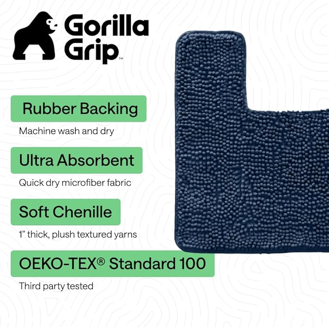 GORILLA GRIP Plush Absorbent Shaggy Chenille Bath Rug Mat for Square Toilet Base with Rubber Backing, Machine Washable Rugs, Soft Microfiber Contour Mats for Toilets, Bathroom Decor, Navy