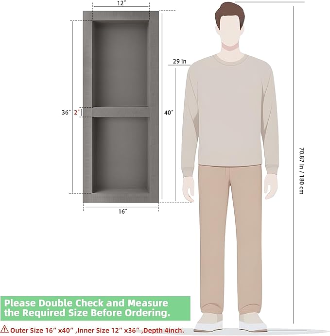 Tile Ready Shower Niche,36"x12" Inner Size,40”x16” Outer Size,Niche for Shower Wall,Waterproof and Ready-to-Tile Recessed Showers Shelf Niches Box for Bathroom Remodel/Storage/Organization,Depth 4”