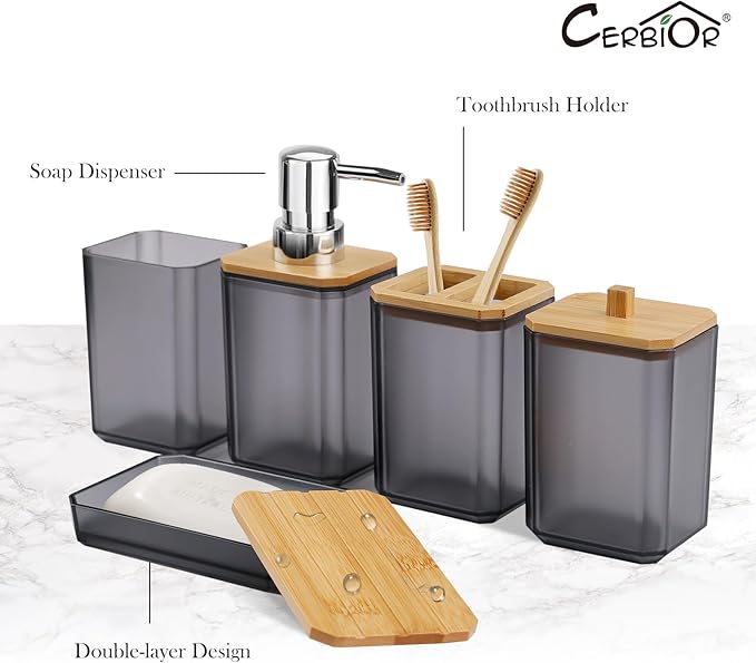 CERBIOR Bathroom Accessories Set 7 Piece Bath Ensemble Includes Soap Dispenser, Toothbrush Holder, Toothbrush Cup, Soap Dish for Decorative Countertop and Housewarming Gift (Gray)