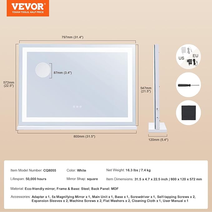 VEVOR Lighted Makeup Mirror, Three Color Lighting Modes Hollywood Vanity Mirror, Makeup LED Mirror w/Lights,5X Magnification,USB Port,Smart Touch Control,Desktop Wall-Mounted (31.5x21.7 in, White)