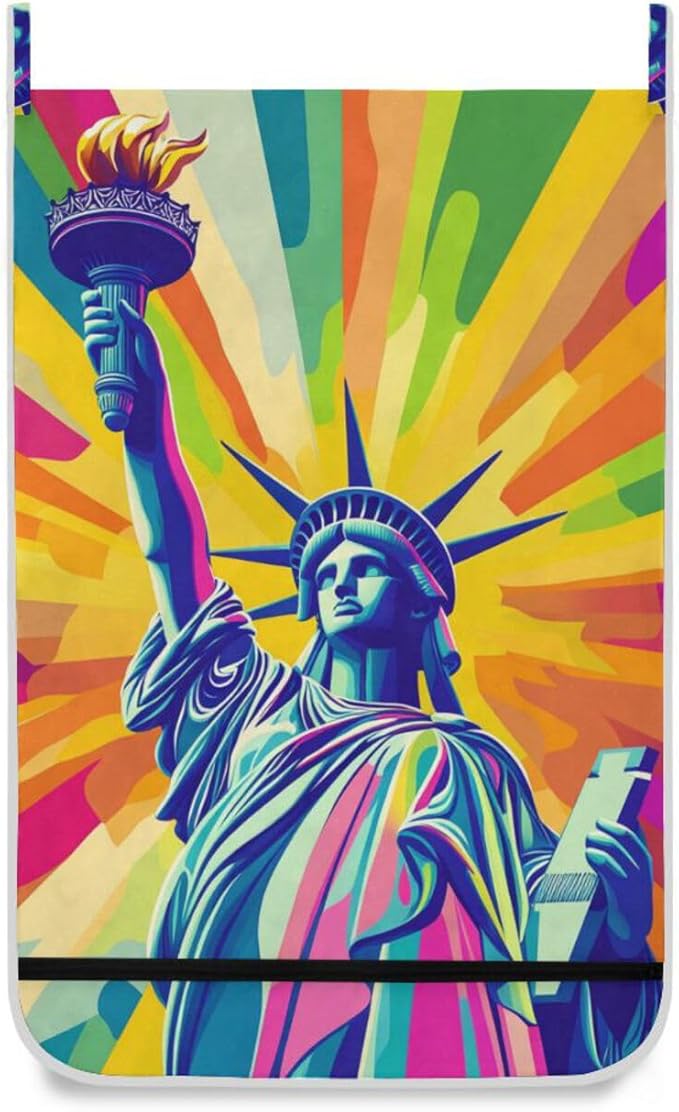 Hanging Laundry Hamper with Stainless Steel Hooks,Oxford Fabric Printing Door Laundry Clothes Bag, 29.5X20inch 1PCS Bright Statue Of Liberty and Torch