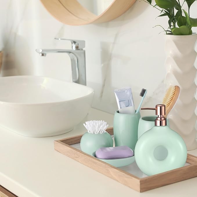 FoldTier 5 Pcs Ceramic Bathroom Accessories Set Includes Soap Dispenser Toothbrush Cup Holder Soapbox Holder Stylish Modern Bathroom Matte Glaze Decor(Green)
