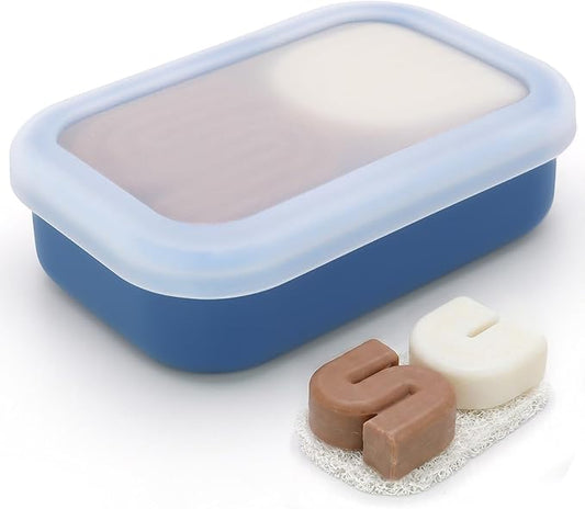 AIDIMMING Enhanced Leakproof Travel Soap Case,Shatter-Proof & Slip-Resistant Silicone Shampoo Bar Holder, Large Bar Soap Container with Draining Layer-Soap Saver Pad (Clear&Blue)