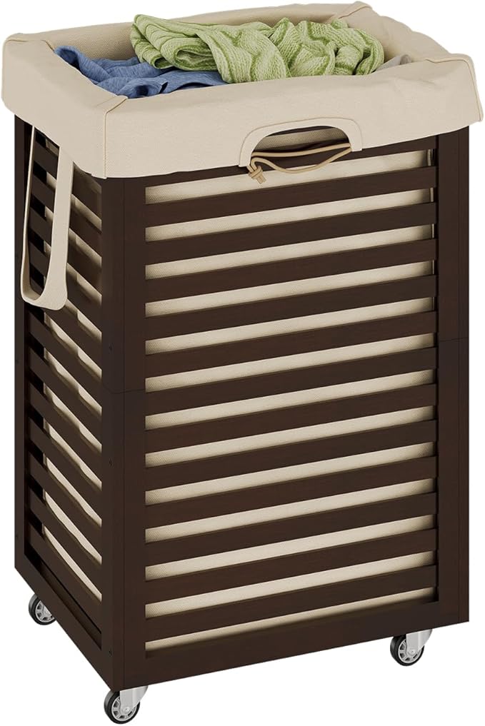 Laundry Hamper with Wheels, Laundry Basket with Liner, 85L Large bamboo Laundry Clothes Laundry Hamper, Liner with Handles, Dirty Clothes Storage Cart For Laundry Room, Dorm, Bedroom, Bathroom(Coffee)