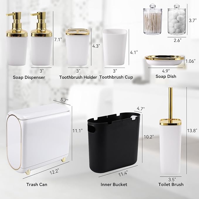 XLHOMO Bathroom Accessories Set, 9 Pieces White Bathroom Set, Bathroom Accessory Set with Slim Trash Can,Soap Dispenser,Toilet Brush,Toothbrush Set, Qtip Holders for Housewarming