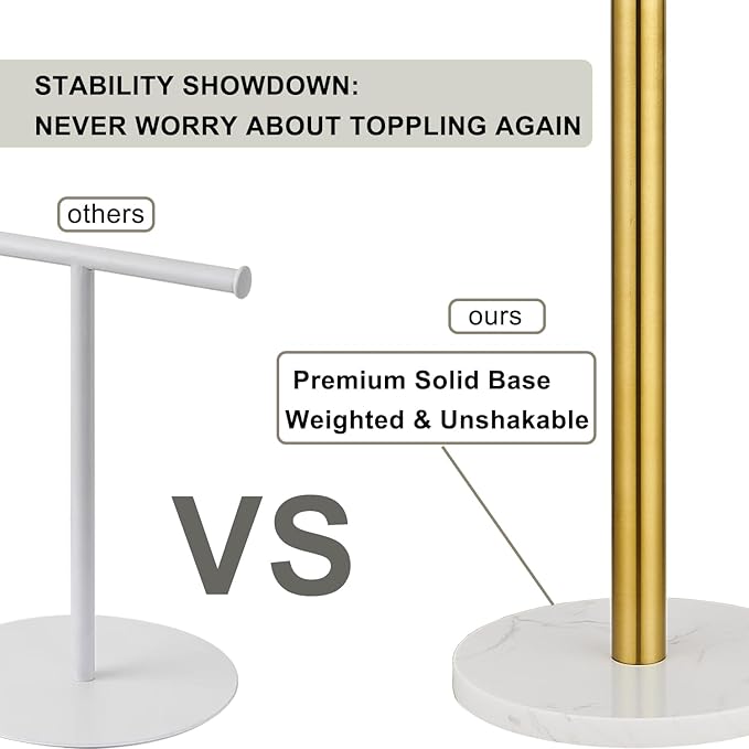 Standing Towel Bar Holder - Free Standing Bathroom Towel Rack Towel Holder with Engineered Stone Base - Countertop Vanity Towel Stand for Hand/Kitchen Towels (Brushed Gold)