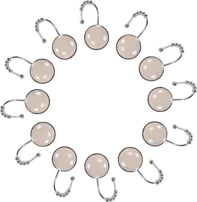 Lucca Taupe Decorative Brown Shower Curtain Hooks,5 Roller Ring Balls Khaki Round Designed Hooks for Bathroom Curtains,Set of 12
