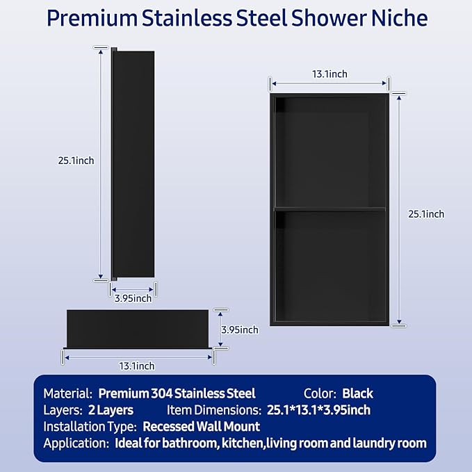 NLShan Shower Niche No Tile Needed: Recessed and Stainless Steel Wall Niche with Double Shelves - Easy Installation for Shower Storage.