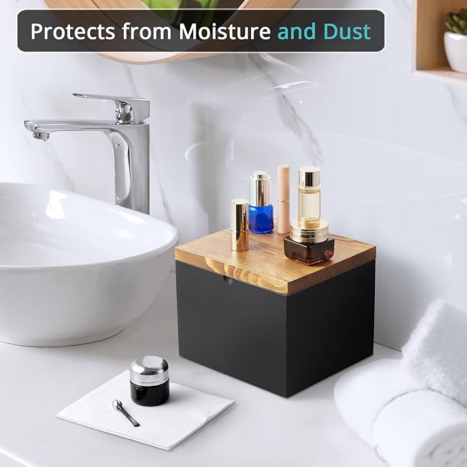 Bivvclaz Disposable Face Towel Holder, Wooden Face Towel Container Compatible with Clean Towels XL, Face Towels Storage Box with Lid, Makeup Remover Organizer for Vanity, Bathroom, Black