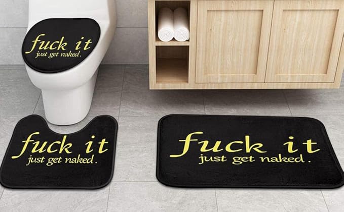 ArtSocket 4PC Black Funny Get Naked Shower Curtain Sets Bathroom Decor with Rugs, Non-Slip Rug,Toilet Lid Cover, Bath Mat and 12 Hooks 72x72 inches