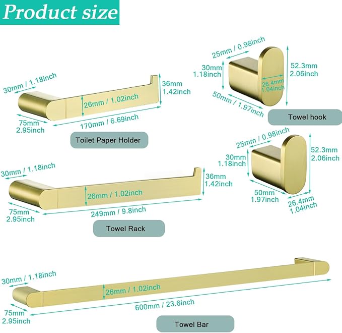 5-Pieces Bathroom Accessories Set, Stainless Steel Bathroom Hardware Set, 23.6 Inch Bath Towel Bar Set, Towel Hooks,Towel Racks for Bathroom Wall Mounted,Brushed Gold,SE96026S-5BG