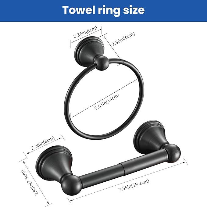 sagetta Matte Black Hand Towel Holder Towel Ring Set with Toilet Paper Holder 5.55-Inch Bath Towel Ring Diameter Wall Mount