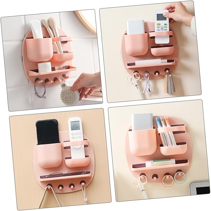 WOONEKY Bathroom Shelf Wall Mounted 3-Compartment Floating Storage Rack with Platform and 4 Hooks, Pink Wall Holder for Bathroom Organizer and Toiletries Storage