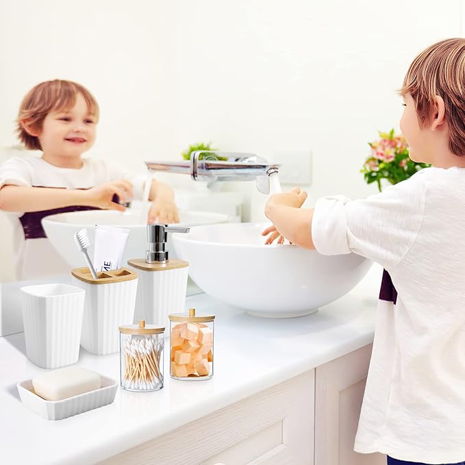 XLHOMO Bathroom Accessory Set, 9-Piece White Bathroom Set with Trash Can, Tray, Soap Dispenser, Toothbrush Holder, Toothbrush Cup, Soap Dish, Toilet Brush and Q-tip Holders for Bathroom/Housewarming