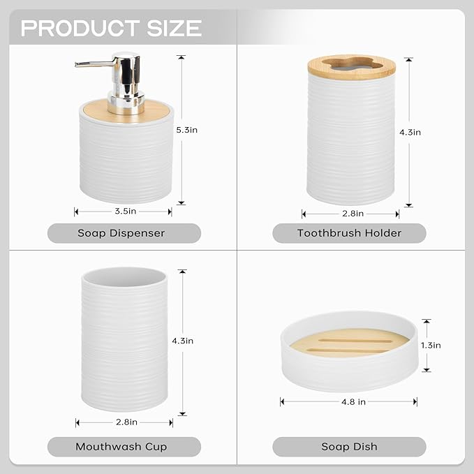 4 Pieces Bamboo Bathroom Accessories Set, Bathroom Accessory Set with Soap Dispenser and Toothbrush Holder, Soap Dish and Toothbrush Cup, Boho Bathroom Decor(White)