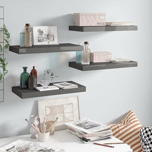 Floating Wall Shelves 4 Pack High Gloss Gray Modern Display Rack 19.7x9.1 Inches for Living Room Bedroom Office Decor with Invisible Mounting System