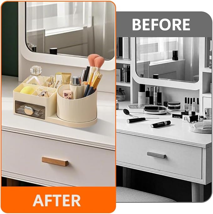 Dressing Table Organiser 360° Makeup Organiser Rotatable 2-in-1 Brush Holder Cosmetic Storage for Room Decor, Dressing Table, Bathroom and Bedroom (22.5 x 12 x 11 cm)