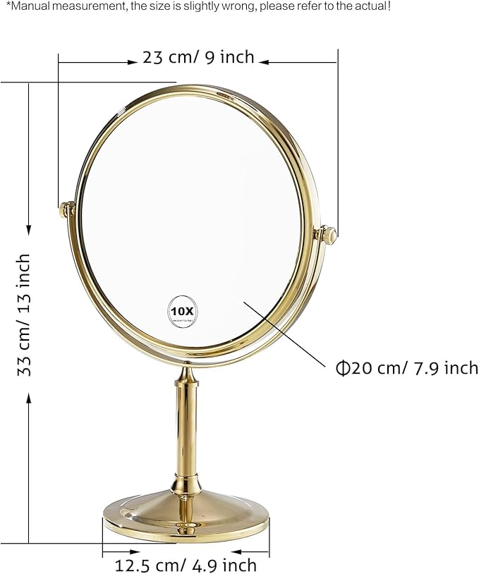 Airemoon 10x Magnifying Makeup Mirror, Standing 360-Degree Rotating Makeup Mirror, 8-Inch Gold Frame Shaving Mirror, 13-Inch Length × 9-Inch Width Beauty Mirror