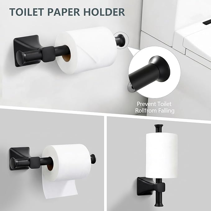 5-Piece Matte Black Bathroom Hardware Accessories Set, Stainless Steel Bathroom Towel Bar Set, 24 Inch Towel Bar, Towel Ring, Toilet Paper Holder, 2 Towel Hooks, Towel Racks for Bathroom Wall Mounted