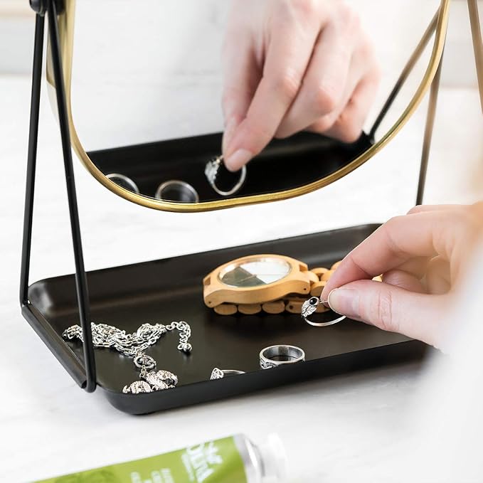 Navaris Vanity Mirror with Tray - Table Top Mirror with Metal Stand and Storage - 7" x 9" Mirror Size - for Makeup, Tabletop, Desk - Gold Finish