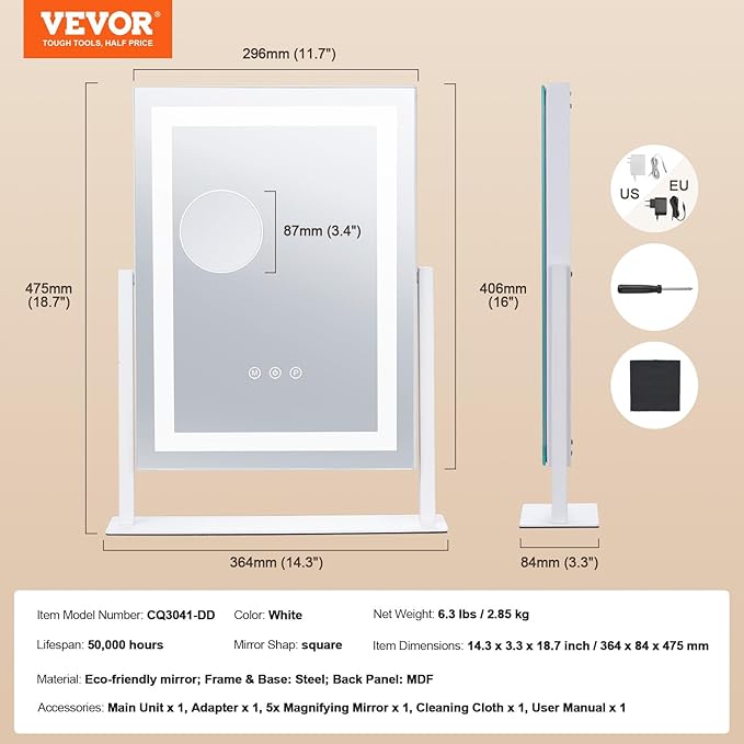 VEVOR Lighted Makeup Mirror, Three Color Lighting Modes Hollywood Vanity Mirror, Makeup LED Mirror with Lights, and 5X Magnification Mirror, Smart Touch Control, 360°Rotation (16.1x11.8 in, White)