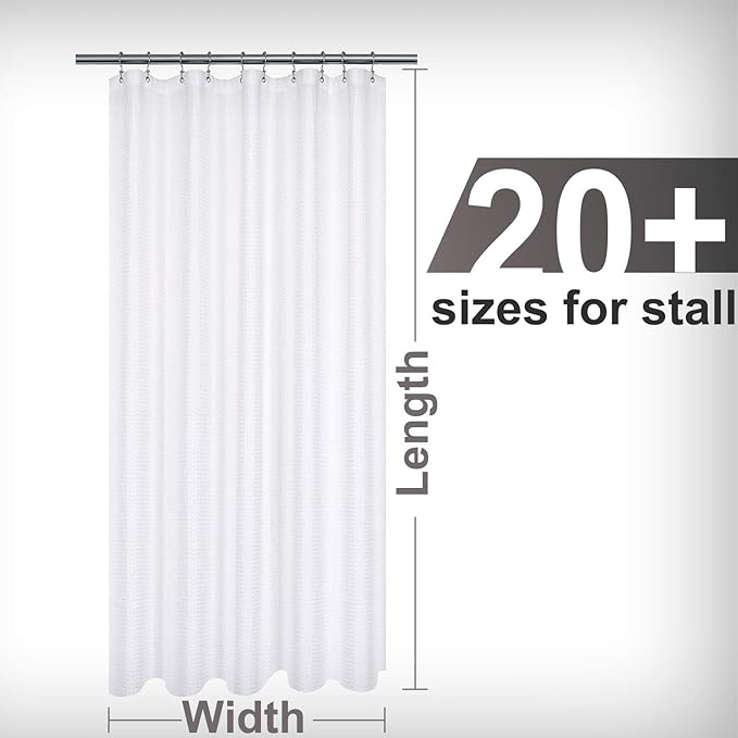 Barossa Design Stall Fabric Shower Curtain Waffle Weave 42 x 75 Inches Longer Size, Hotel Grade, Spa, 230gsm Heavy Duty, Water Repellent, Washable, White, 42x75