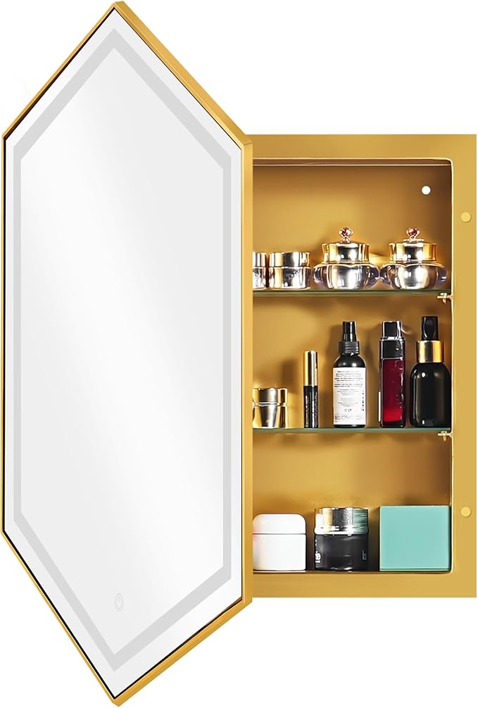 SogesHome Mirror Medicine Cabinet with 3-Color LED Lights, Hexagon Vanity Mirror Storage with 3-Tier Cabinet, Stainless Steel Frame and 2 Shelves for Bathroom, Bedroom, Entryway, Gold