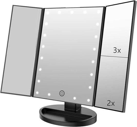 Flymiro Tri-fold Lighted Vanity Makeup Mirror with 3x/2x Magnification,Light up Mirror for Makeup,Touch Screen 21 LEDs,180° Rotation Countertop Cosmetic Mirror,Gifts for Women Mom Teen Girls
