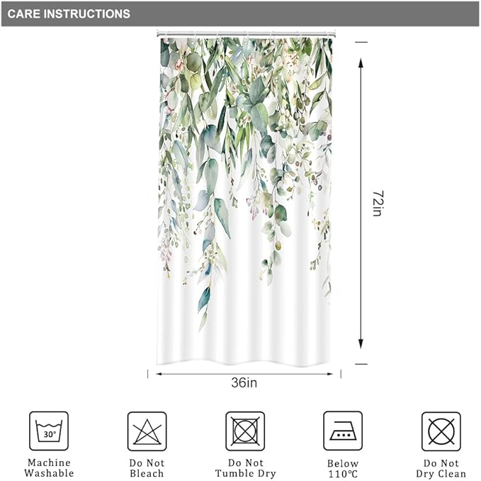 Riyidecor Small Stall RV Eucalyptus Shower Curtain for Bathroom Decor 36Wx72H Single Half Narrow Green Leaves Plants Watercolor Botanical Art Printed Fabric Polyester Waterproof 7 Pack Plastic