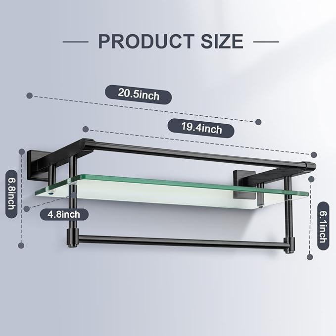 20-inch Glass Shelf with Towel bar, Matte Black-Finished Rail, Rectangular Stainless Steel Shelf, Wall-Mounted Storage Rack