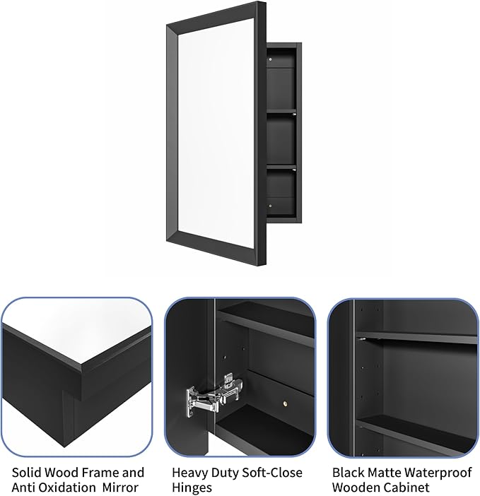 AGDULL Retro-Style Medicine Cabinet with 17’’x27’’ Solid Wood Mirror Frame, Bathroom Recessed Wall Cabinet, Living Room Wood Storage Cabinet, Black